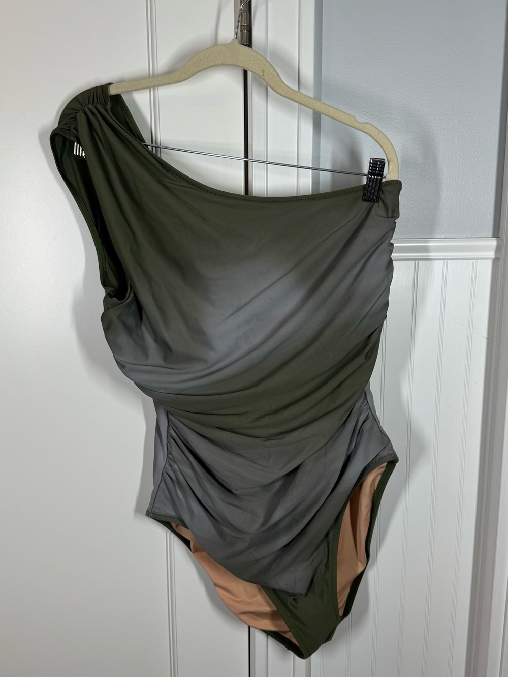 J. Crew Sleek ruched one-shoulder one-piece swimsuit in Cool Green Ombré BC108